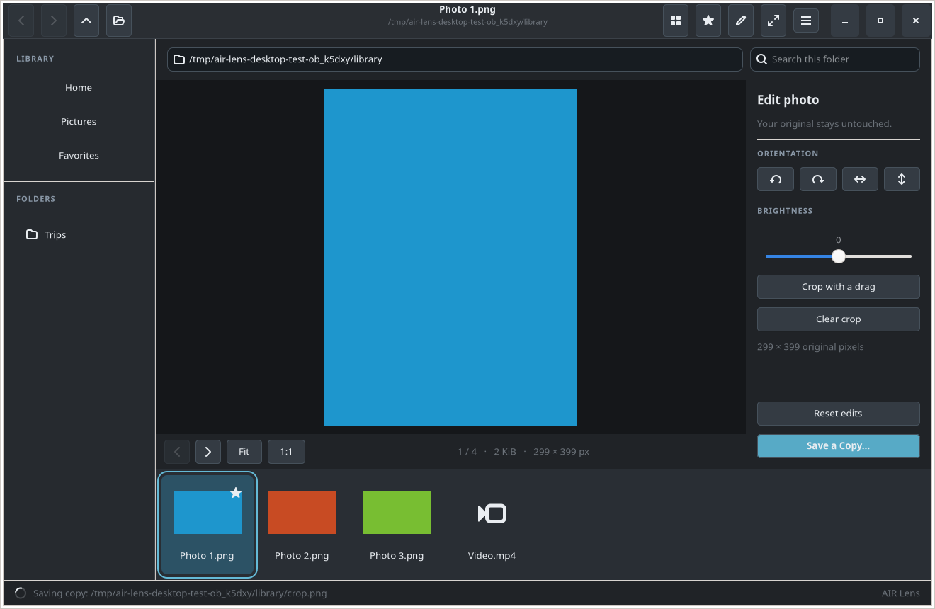 AIR Lens showing a photo, filmstrip, folders and native image-editing controls