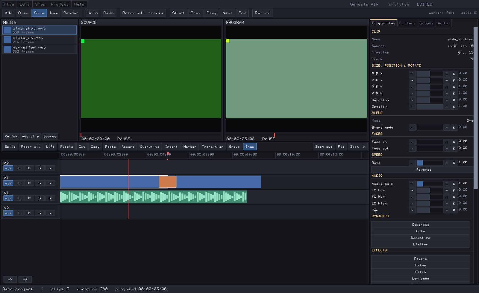 Genesis AIR editor: media bin, source and program monitors, properties dock and a multi-track timeline