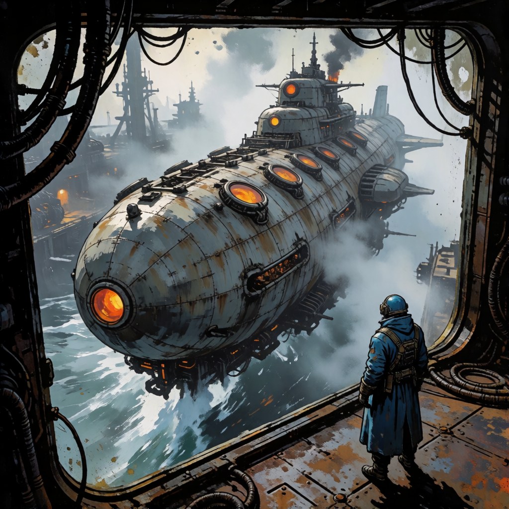 Painterly sci-fi scene: a massive grey submarine with glowing orange hatches in a foggy industrial harbor, seen through a cable-hung window by a lone figure in a blue coat